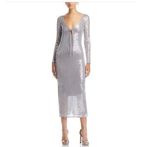 BARDOT Verona Sequin Maxi Dress Silver Long Sleeve V Neck Tie Front Size 10